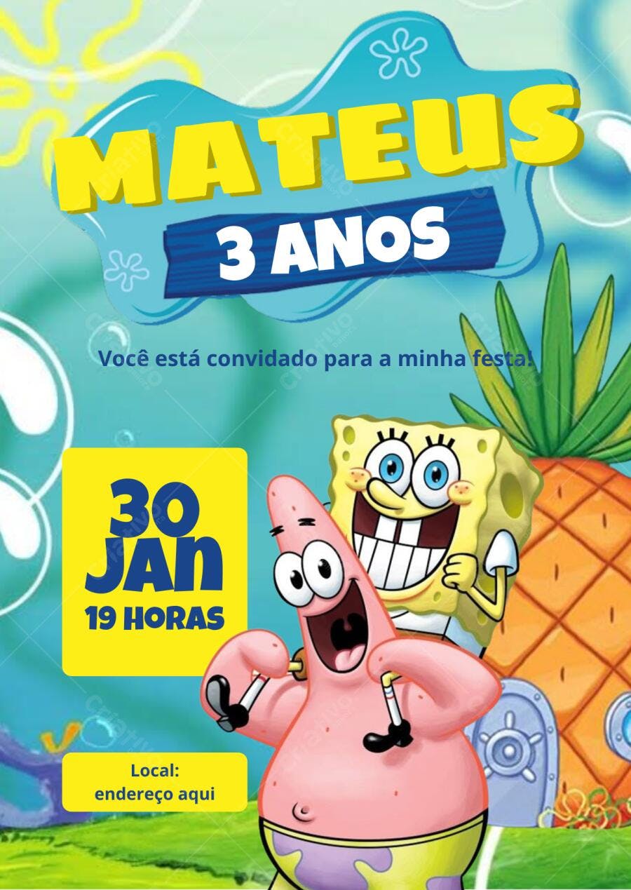Convite de aniversário infantil Bob Esponja e Patrick Editável no Canva