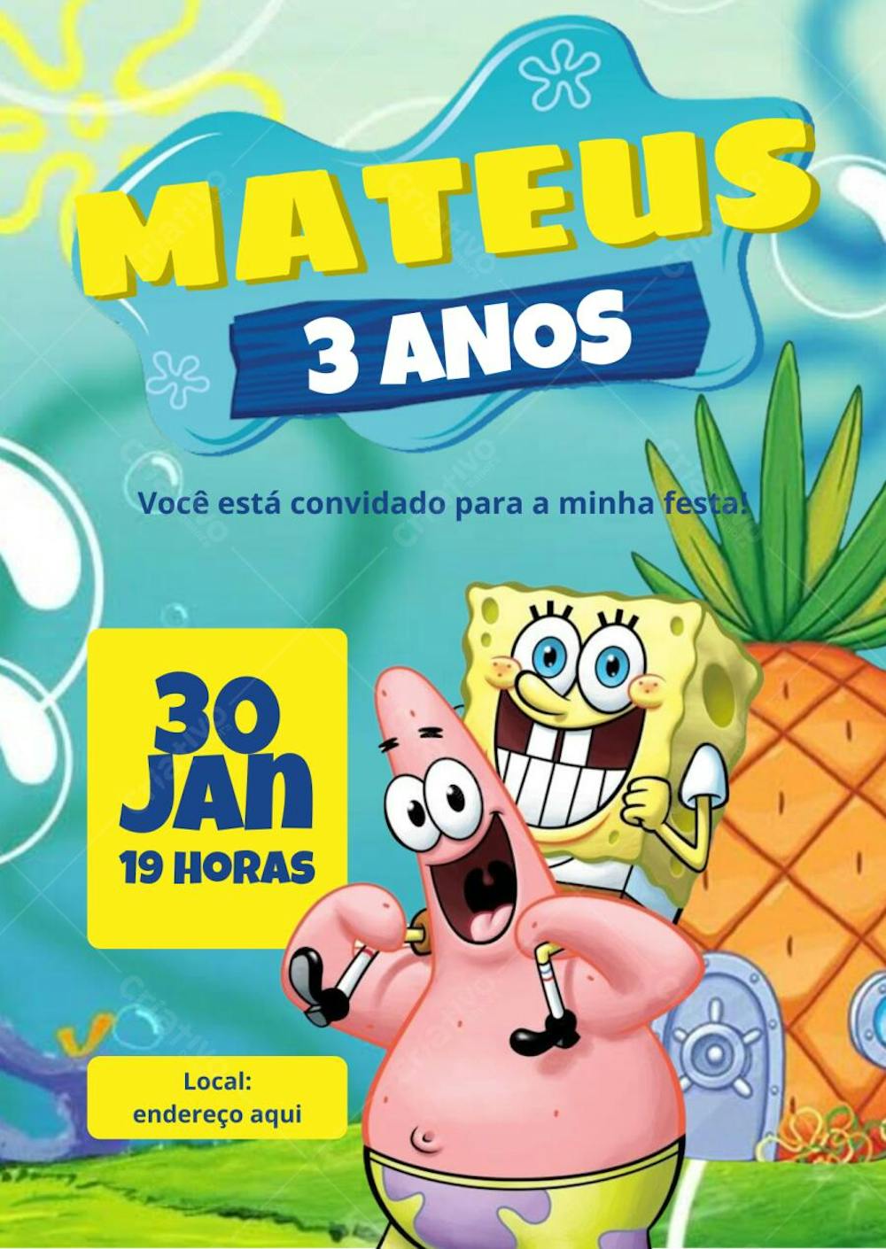 Convite de aniversário infantil Bob Esponja e Patrick