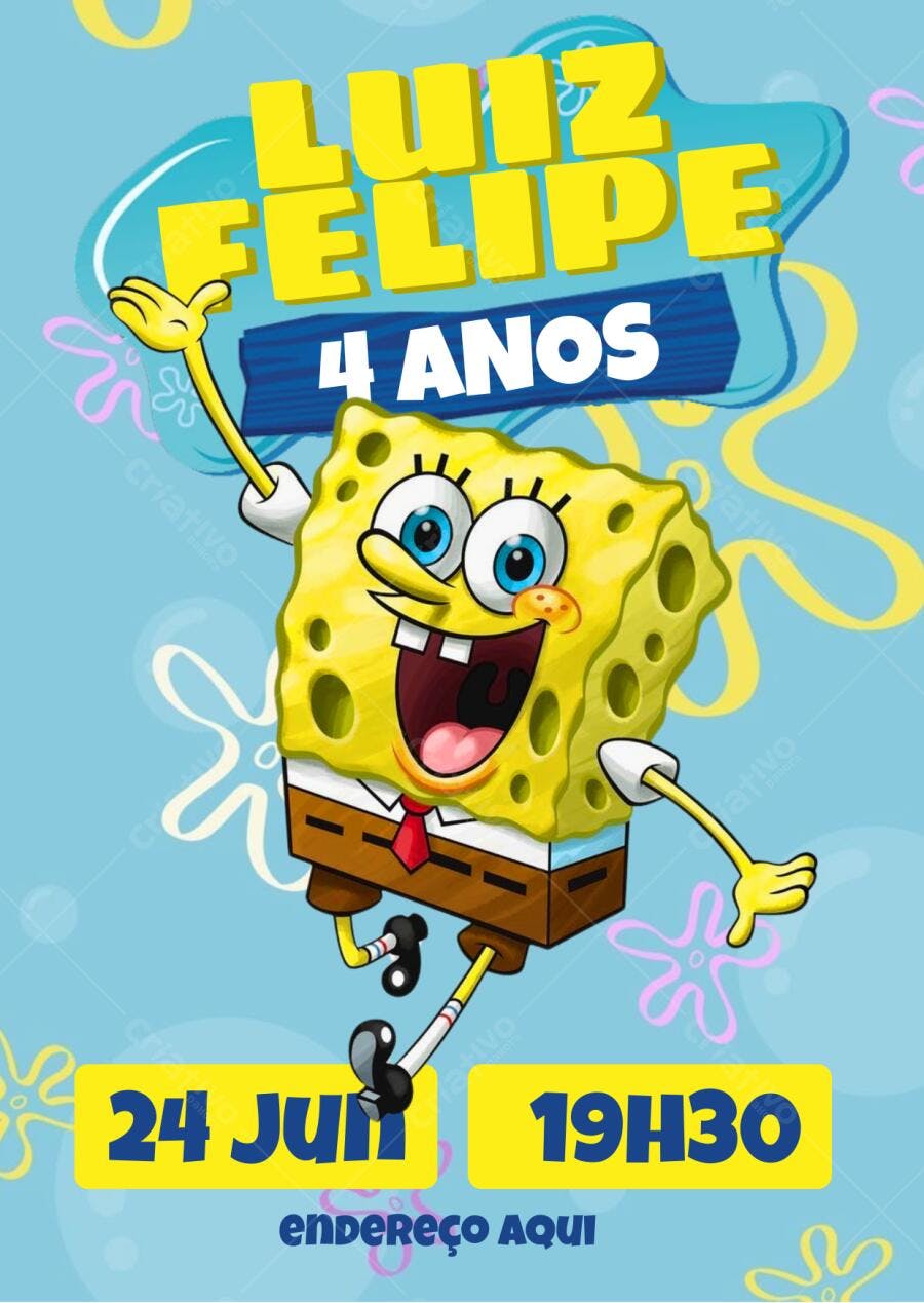 Convite de Aniversário Infantil Bob Esponja Editável no Canva