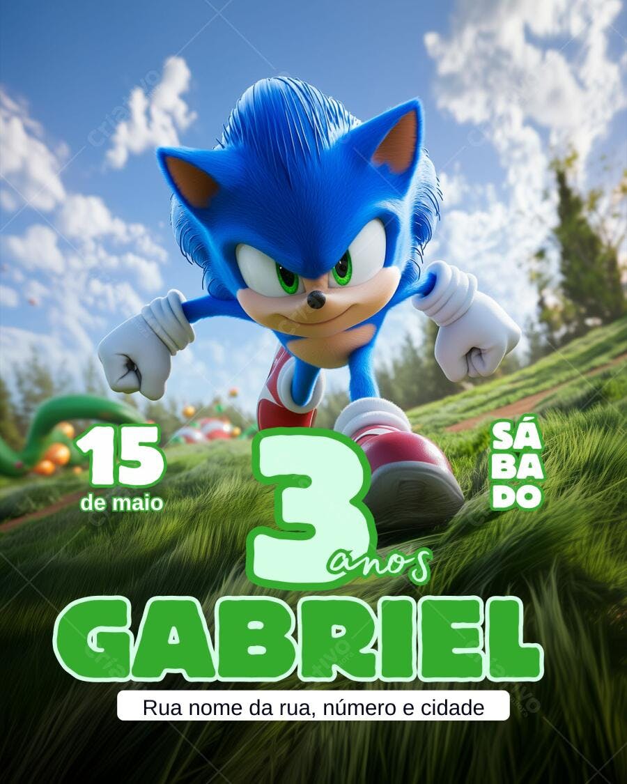 Convite de aniversário infantil Sonic 3 anos Editável no Canva