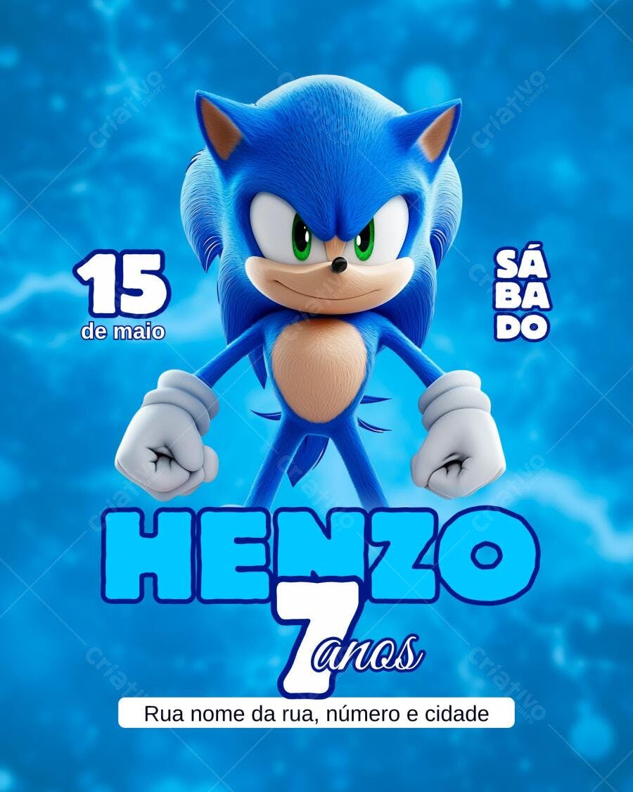 Convite de Aniversário Sonic o ouriço azul Editável no Canva