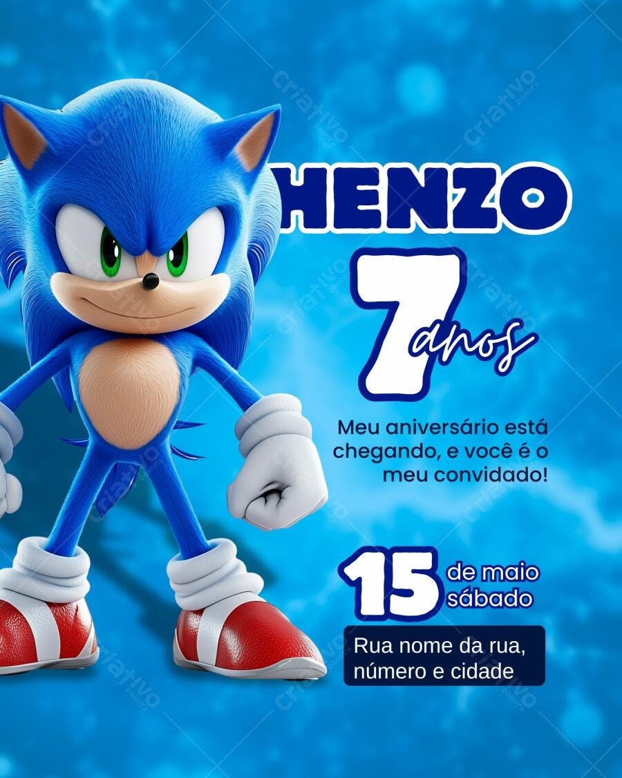 Convite de Aniversário Infantil Sonic Editável no Canva