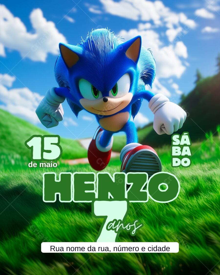 Convite de aniversário infantil Sonic 7 anos Editável no Canva