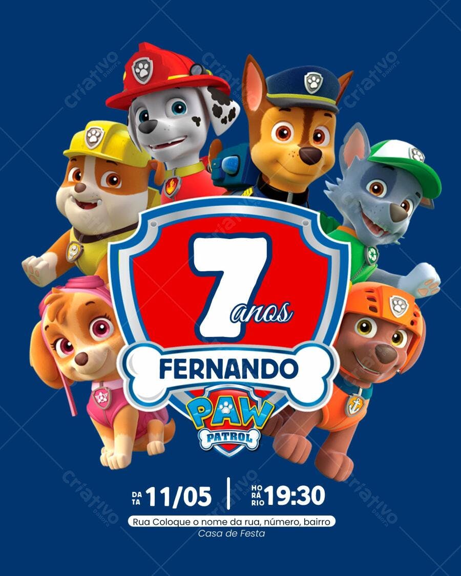 Convite de Aniversário Infantil Patrulha Canina Editável no Canva
