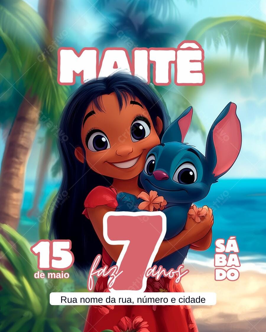 Convite de aniversário infantil Moana e Stitch Editável no Canva