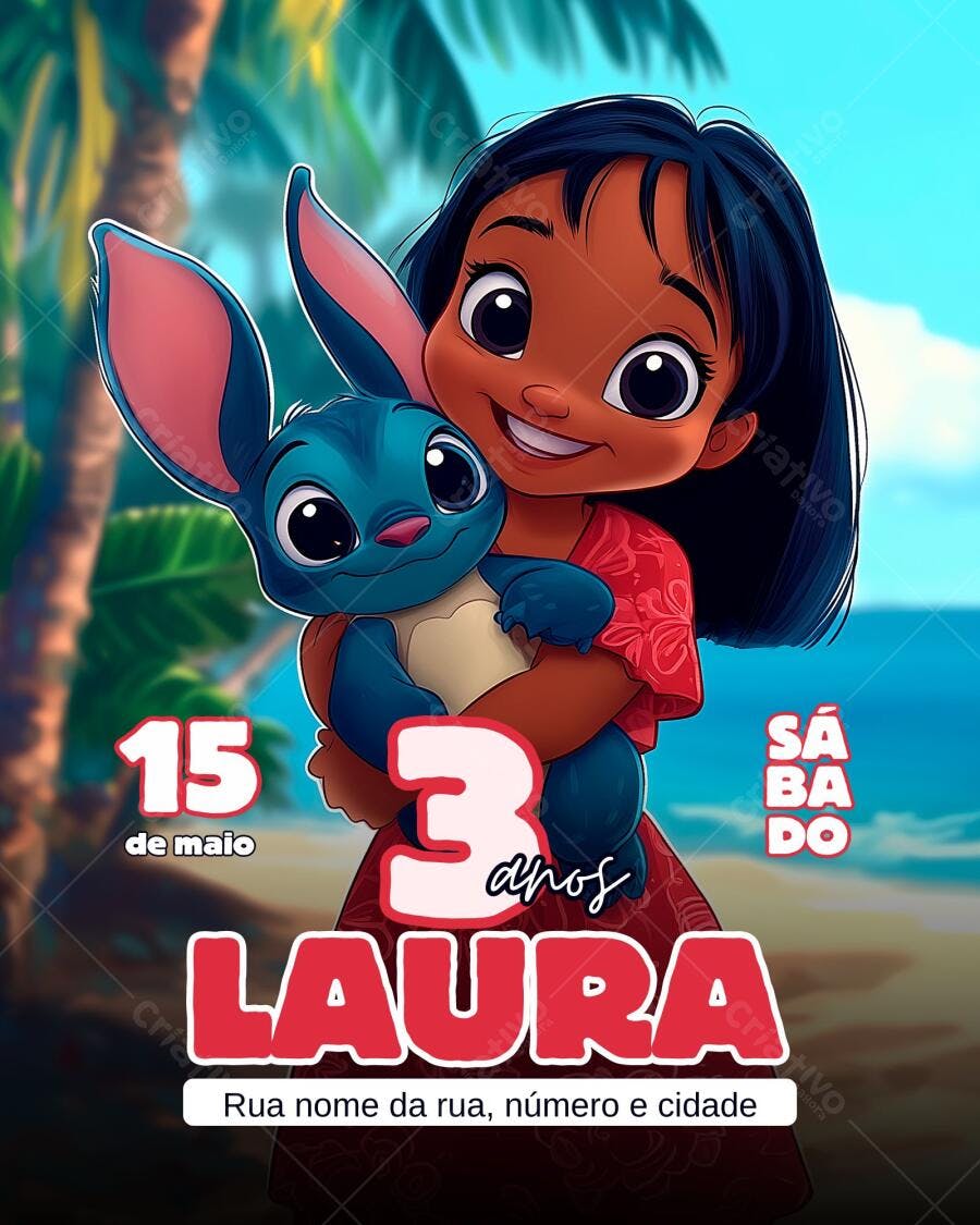 Convite de Aniversário Infantil Lilo e Stitch Praia Editável no Canva