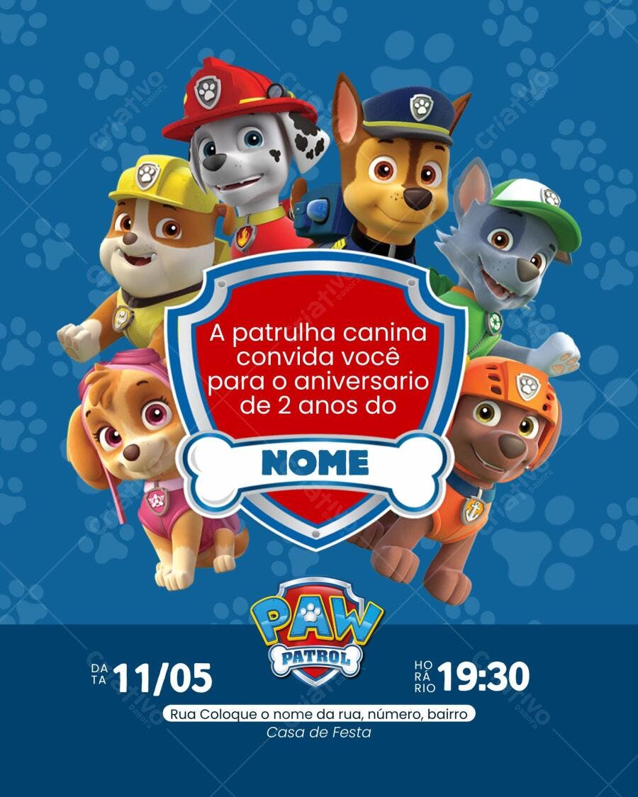 Convite de Aniversário Patrulha Canina Editável no Canva