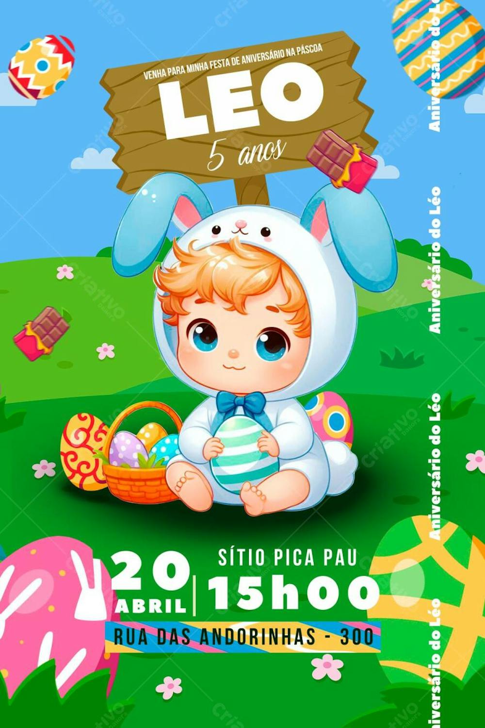Convite de Aniversário Infantil de Aniversário na Páscoa Editável no Canva