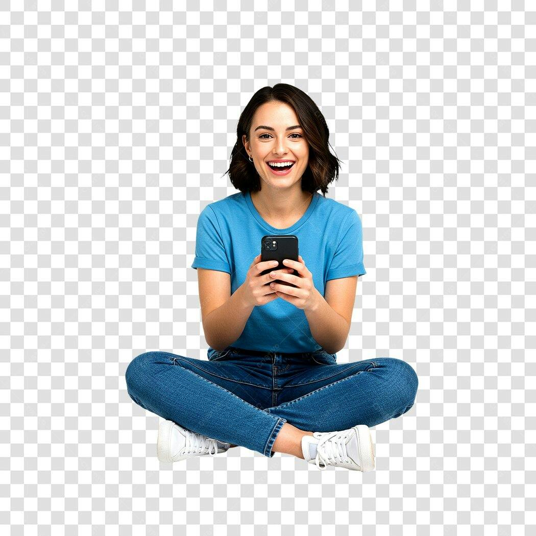Post Instagram mulher usando celular PNG com fundo transparente