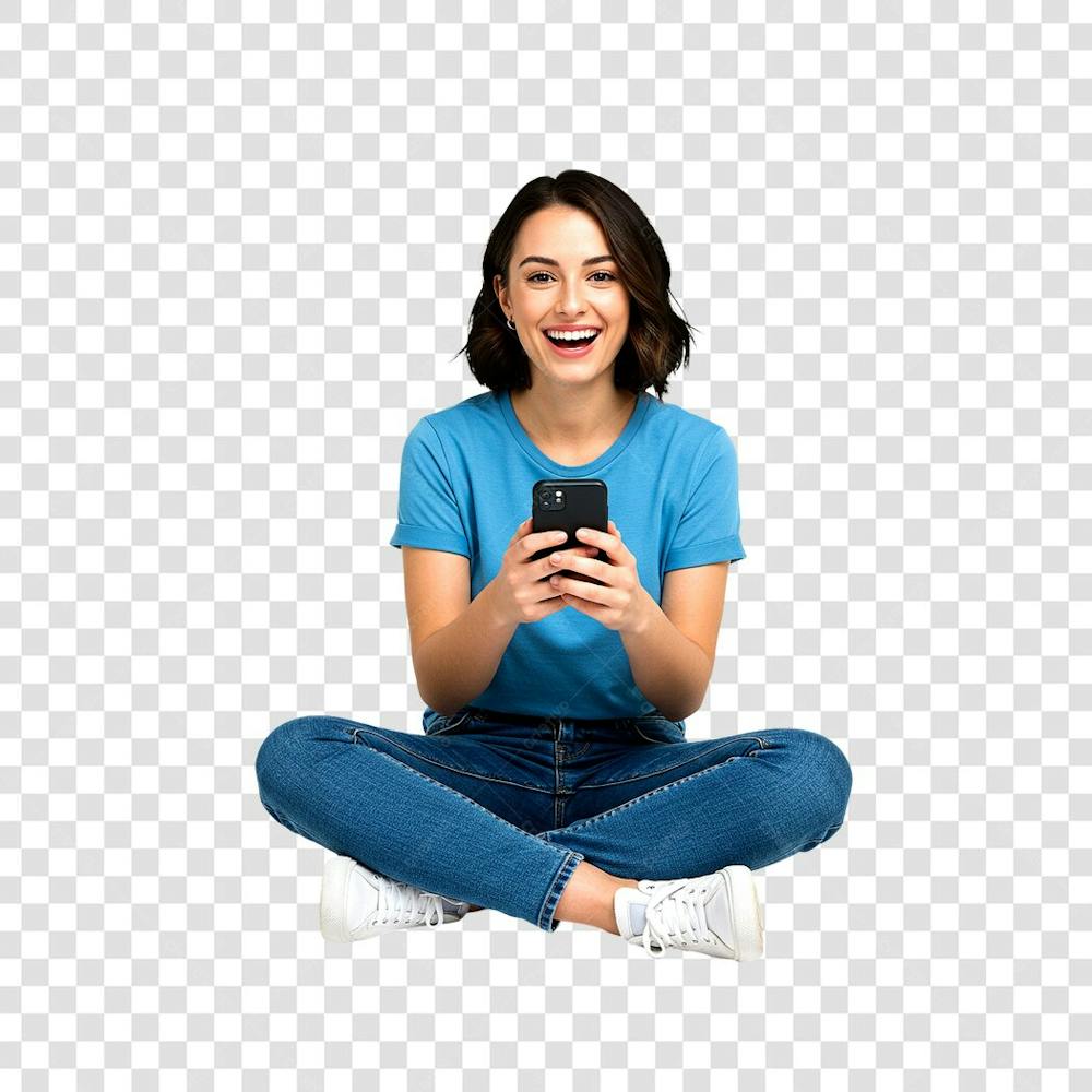 Uma jovem mulher caucasiana cabelo curto está sentada de pernas cruzadas segurando um smartphone sorrindo