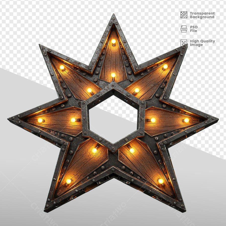 Estrela de Madeira com Lâmpadas PSD Editável