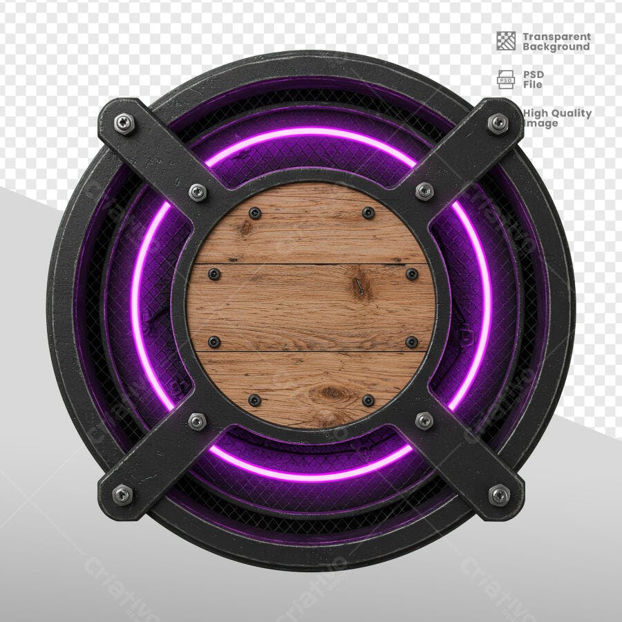 Badge Circular com Madeira e Neon Roxo PSD Editável