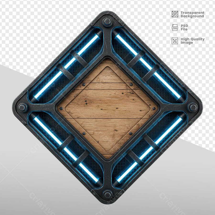 Moldura de Madeira e Metal com Luzes Azuis PSD Editável