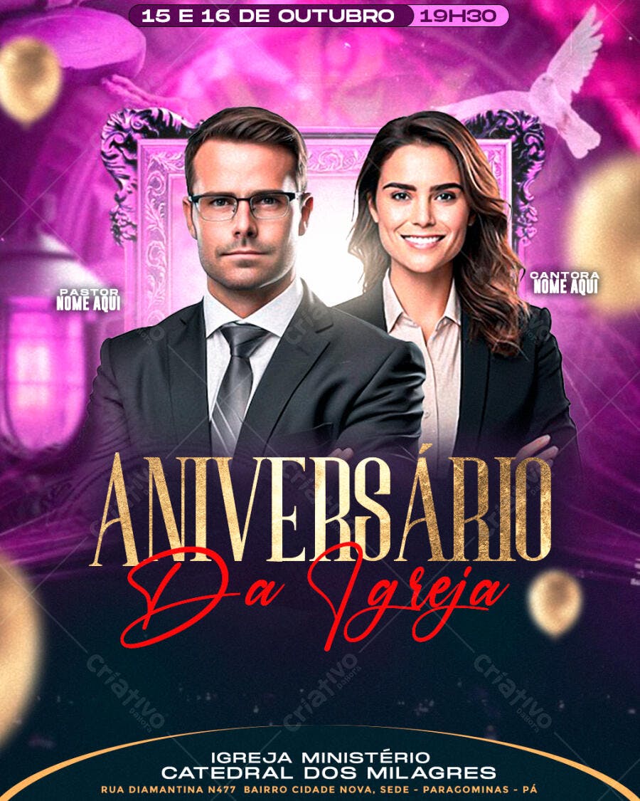 Flyer Aniversário Igreja 15 e 16 Outubro PSD Editável