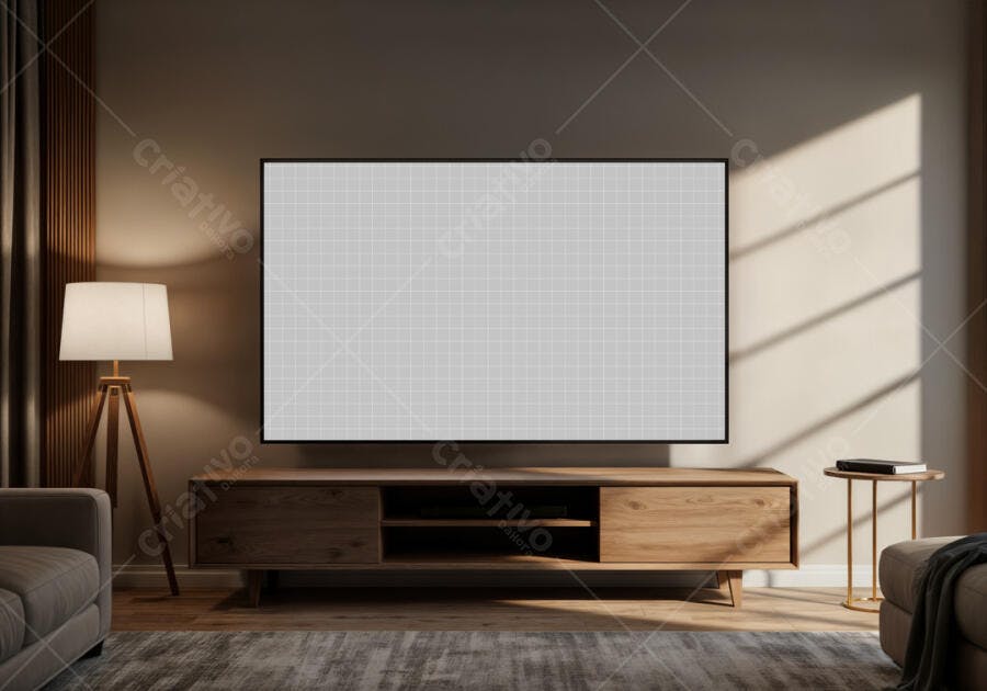 Mockup TV Moderna em Sala de Estar Minimalista