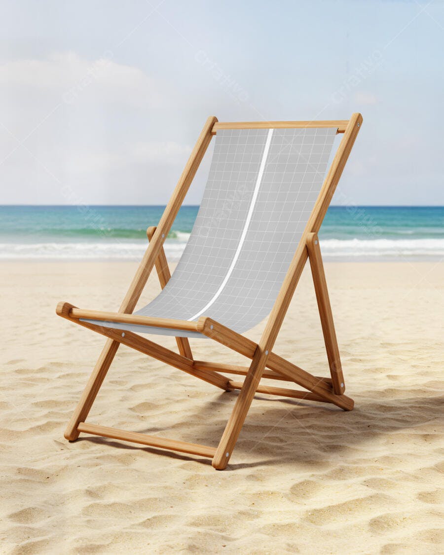 Mockup Cadeira de Praia em Madeira e Tecido Cinza