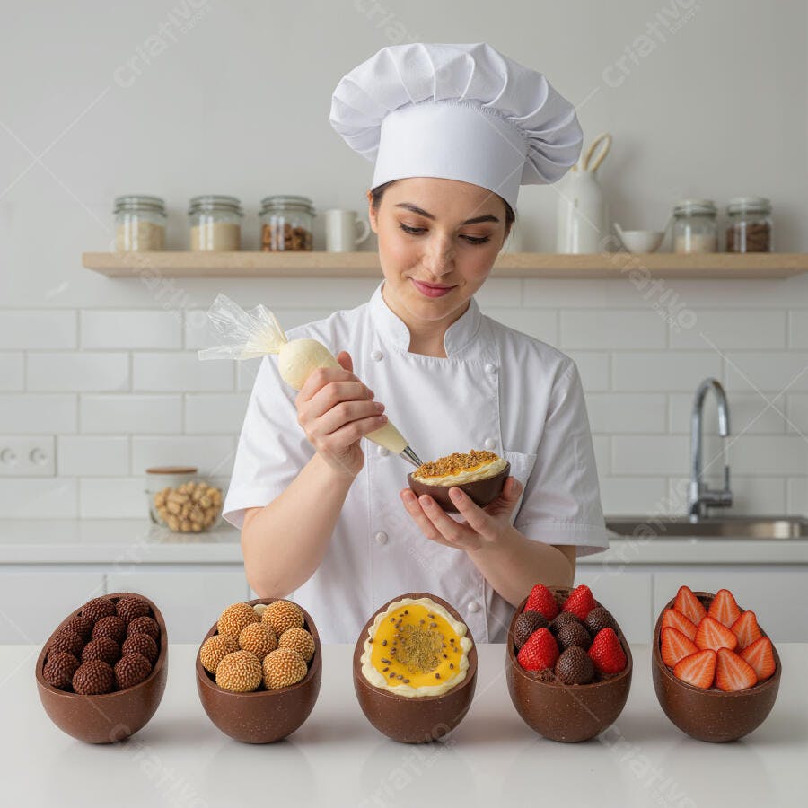 Chef confeitando ovos de Páscoa de chocolate