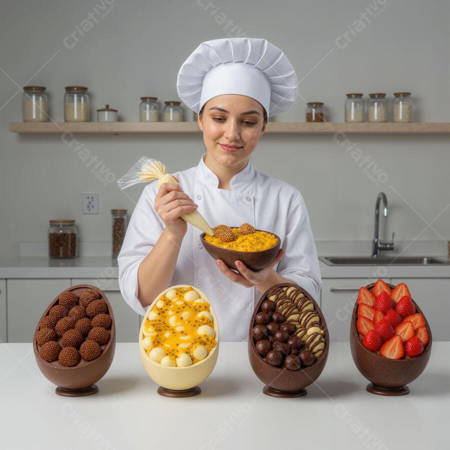 Chef confeiteira decorando ovos de páscoa