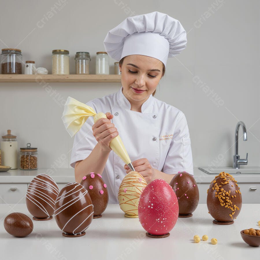 Chef confeitando ovos de chocolate para Páscoa