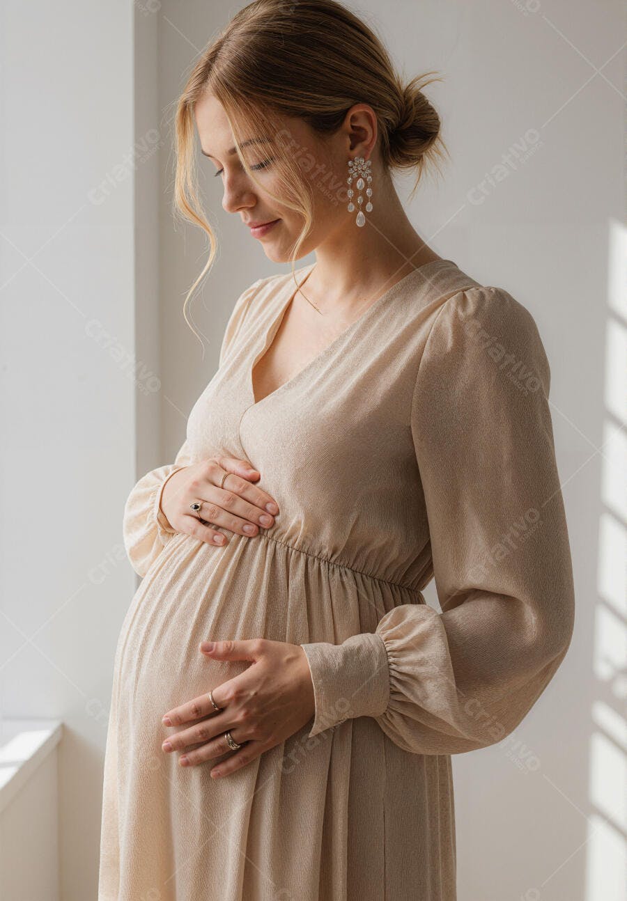 Mulher grávida em vestido bege claro
