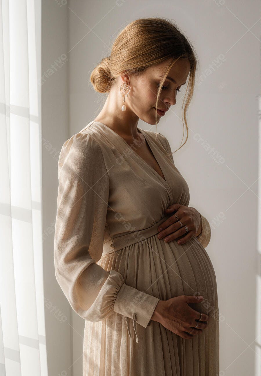 Grávida em vestido bege perto da janela