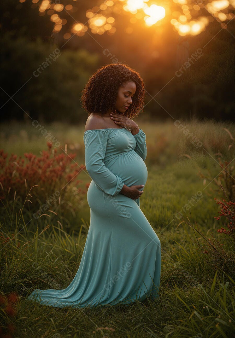 Mulher grávida em vestido azul claro ao pôr do sol