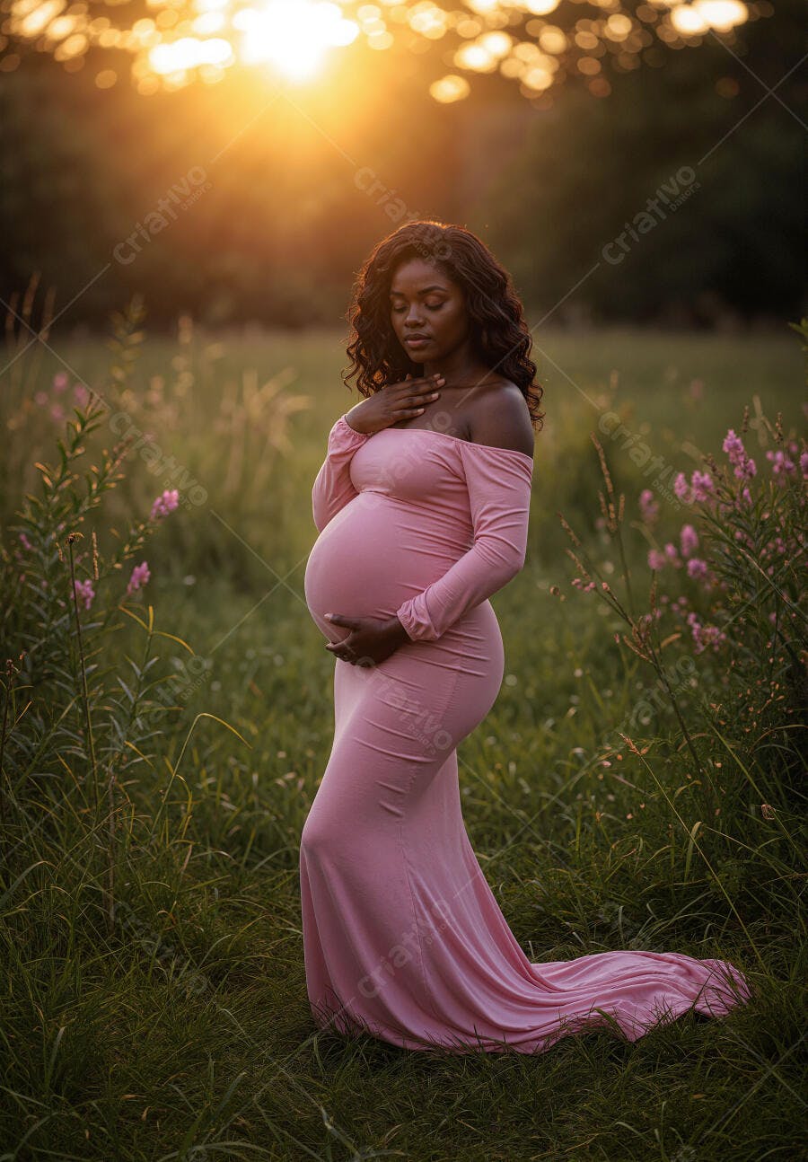 Mãe Negra grávida em vestido rosa ao pôr do sol