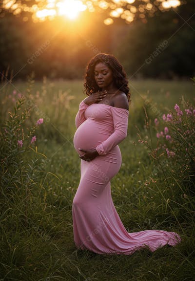 Mulher Negra Grávida Usando Vestido Rosa em Ensaio Fotográfico