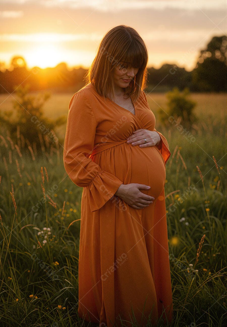 Grávida em vestido laranja ao pôr do sol