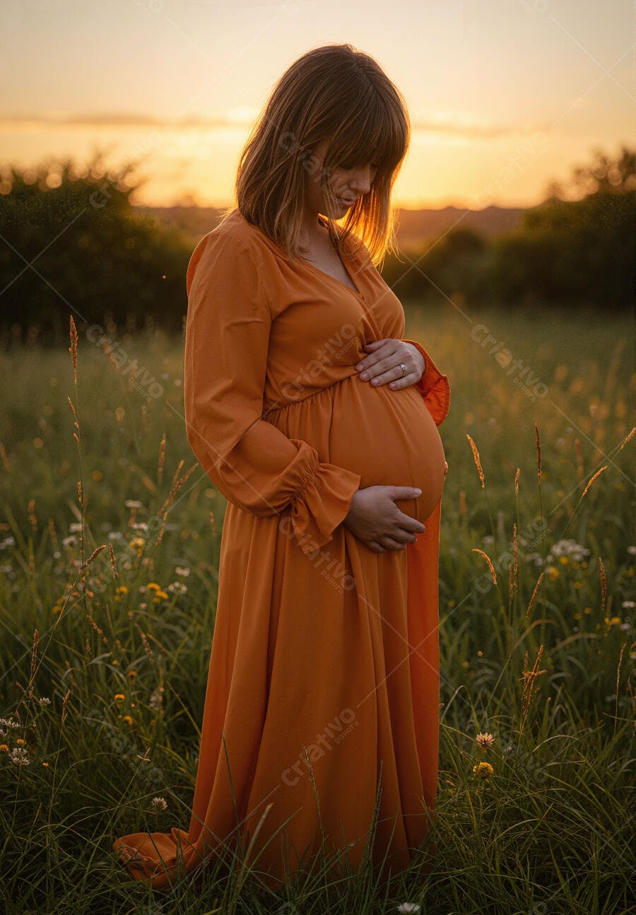 Grávida em vestido laranja ao pôr do sol