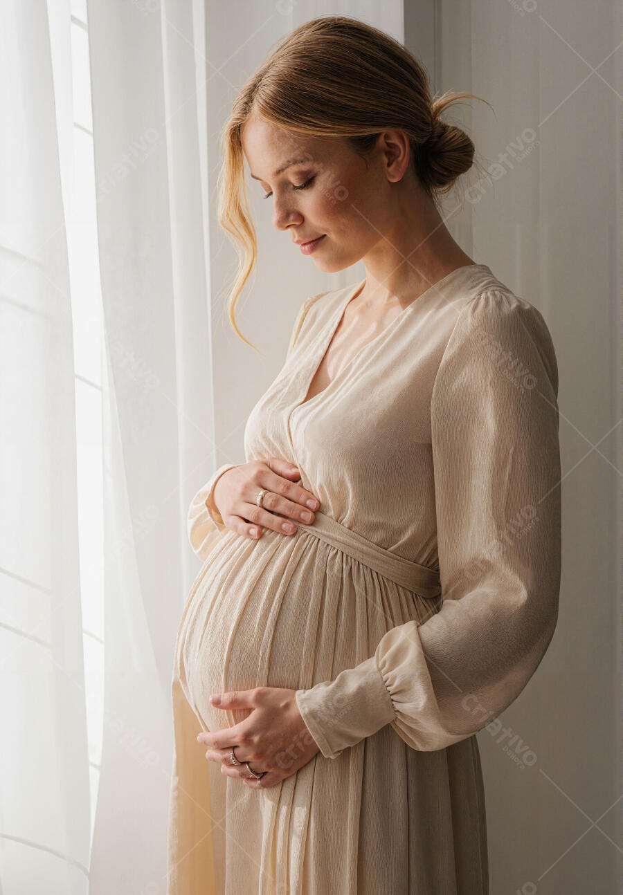 Grávida acariciando a barriga perto da janela