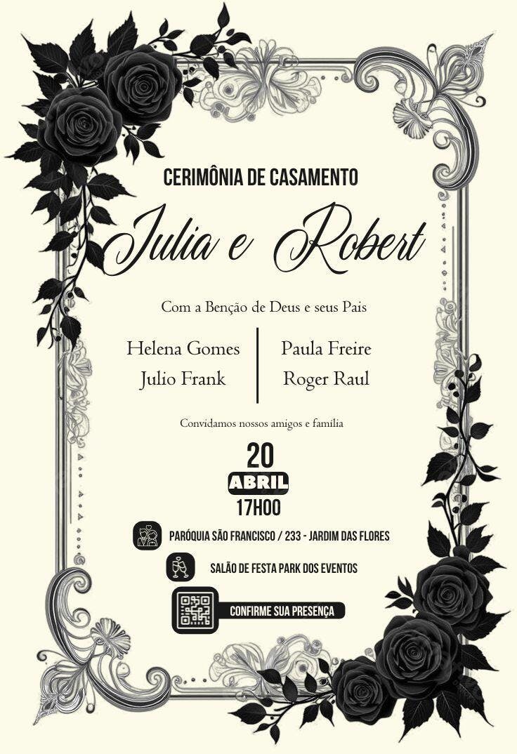 Convite de Casamento Romântico com Rosas Pretas Editável no Canva