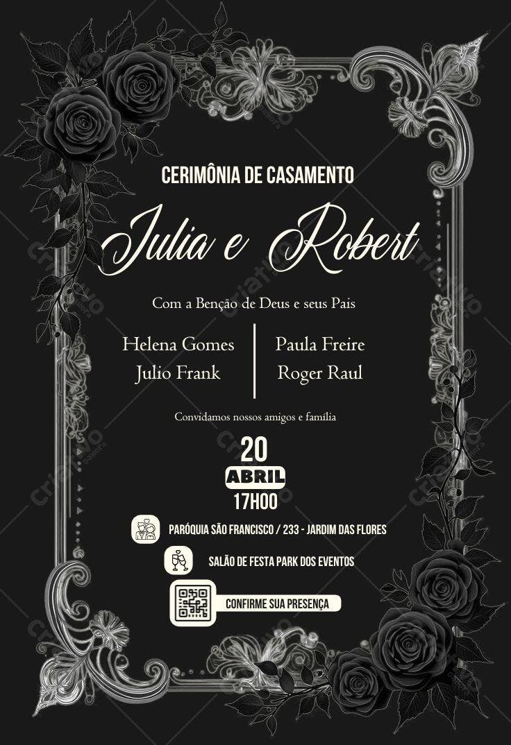 Convite de Casamento Elegante Preto e Branco Rosas Editável no Canva