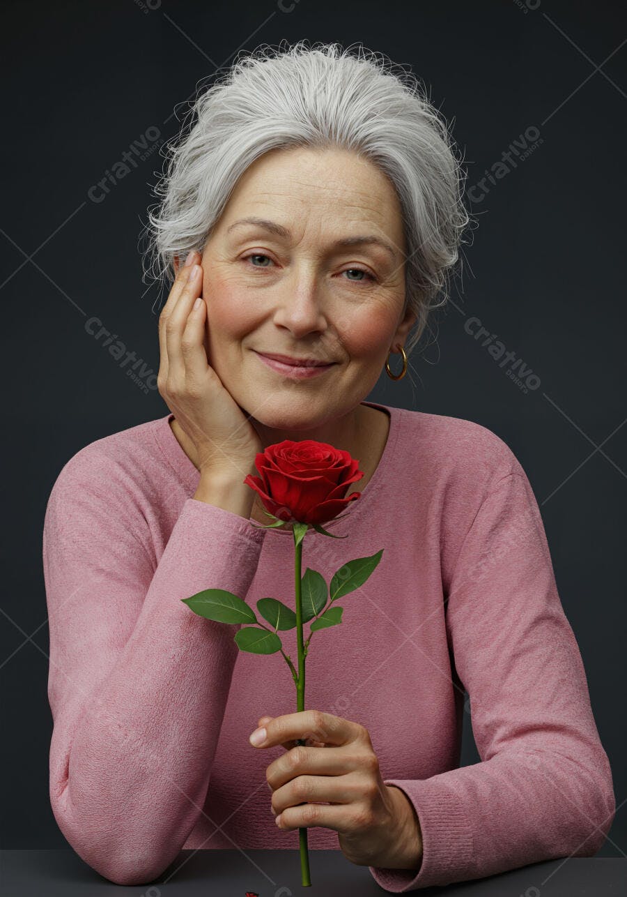 Mulher idosa com rosa vermelha sorrindo