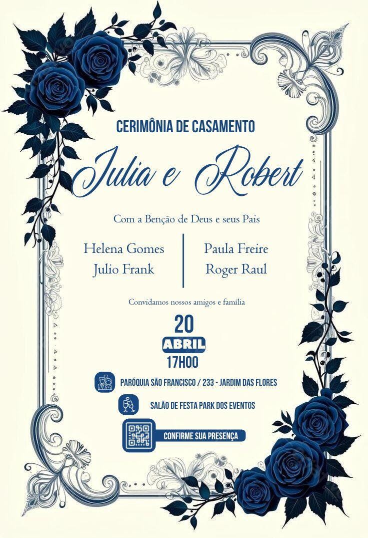 Convite de Casamento Floral Azul Elegante Editável no Canva