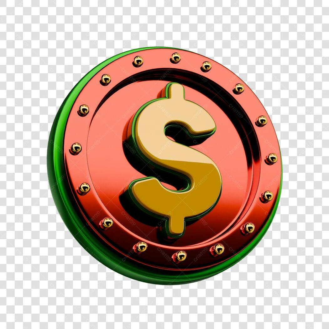 Ícone Moeda Dólar Vermelha e Dourada PNG com fundo transparente