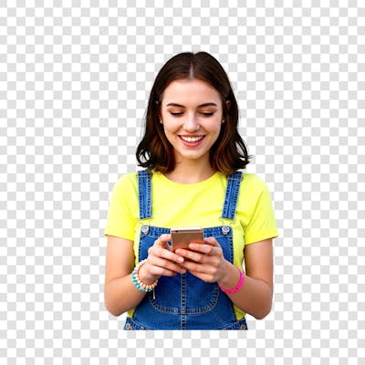 Uma jovem mulher caucasiana sorrindo enquanto interage com seu smartphone