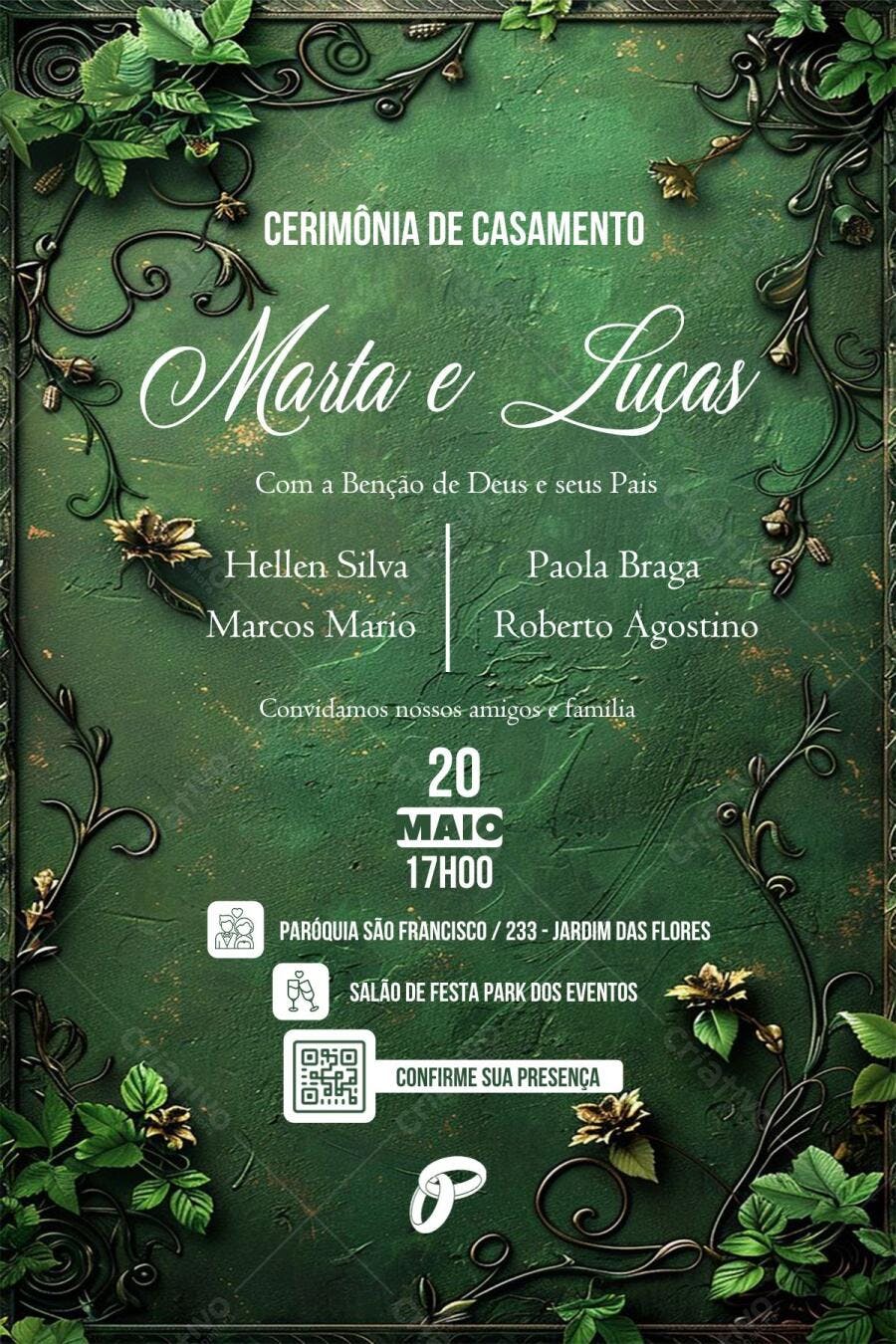 Convite de Casamento Verde e Dourado Estilo Vintage Editável no Canva