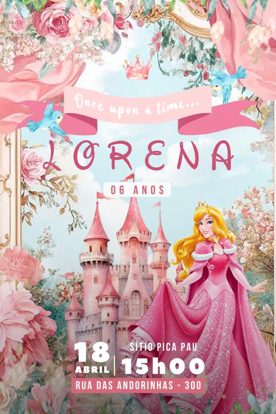 Convite Festa Infantil Princesa Rosa e Castelo Editável no Canva