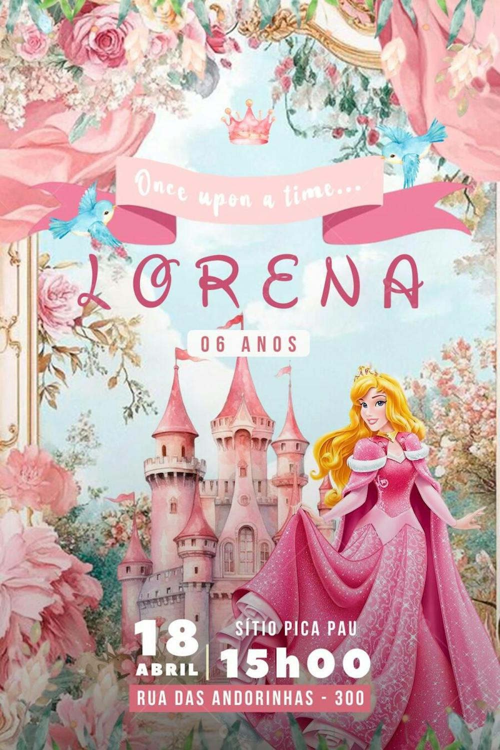 Convite de Aniversário Infantil da Princesa Aurora Editável no Canva