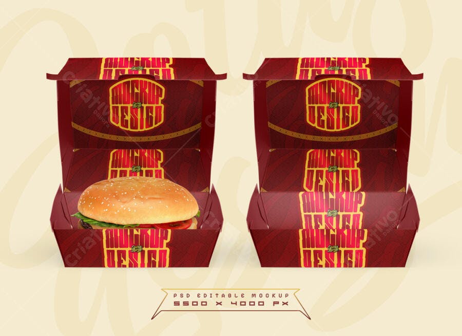 Mockup Embalagem de Hambúrguer: Design Vermelho e Dourado