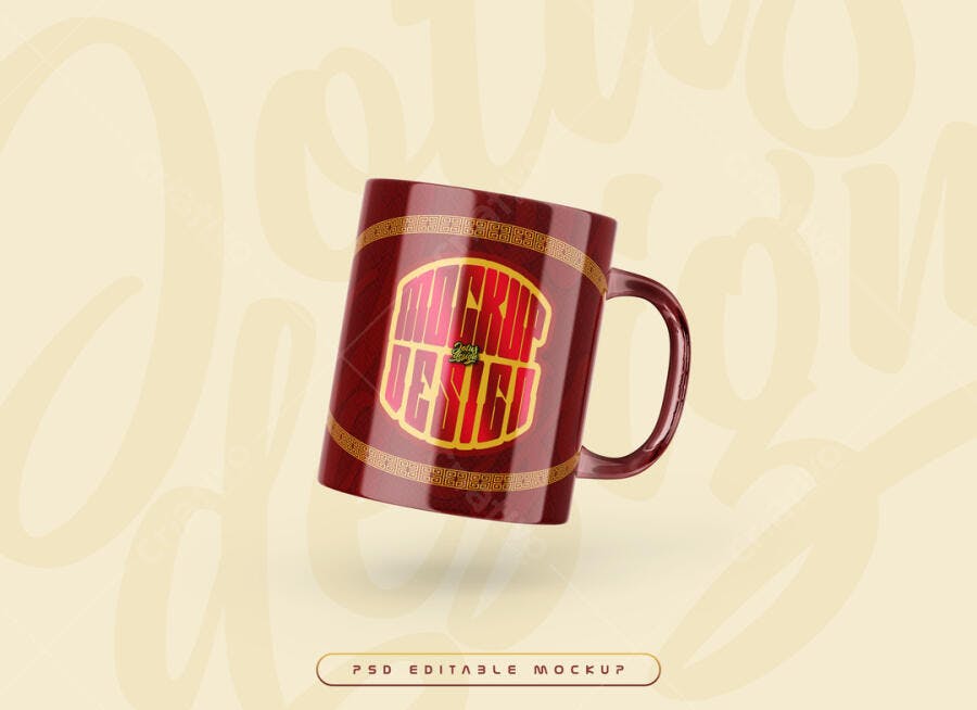 Mockup Caneca Vermelha com Design Asiático