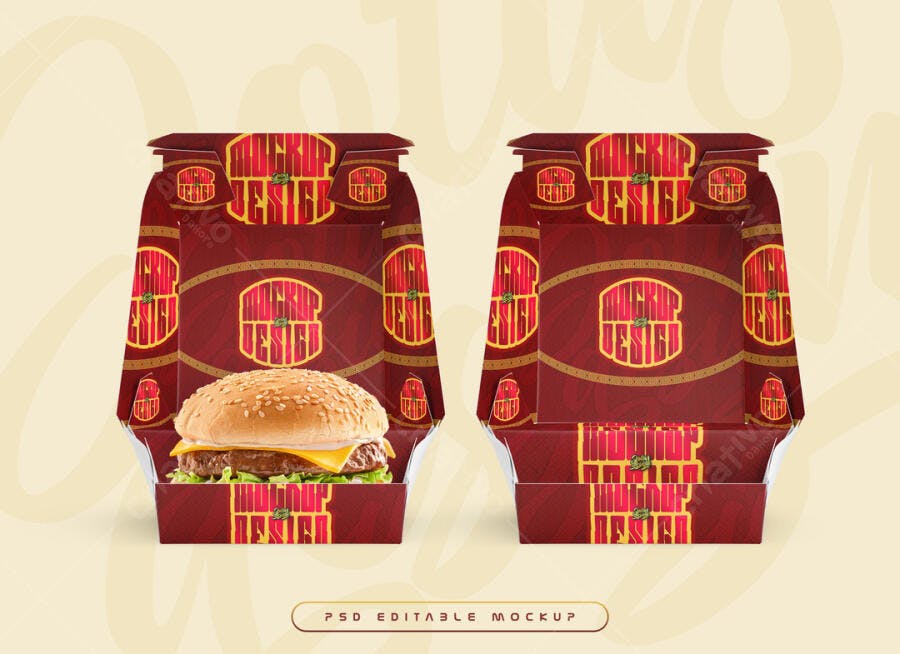 Mockup Embalagem Hambúrguer: Design Vermelho e Dourado