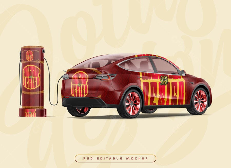 Mockup Carro Elétrico Vermelho e Dourado - Design Moderno