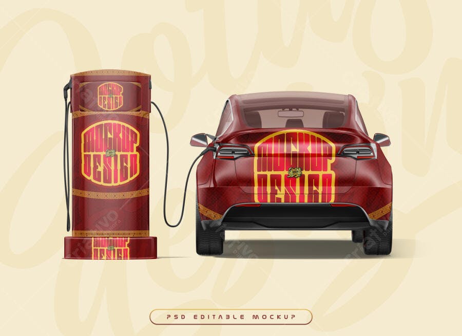 Mockup Veículo Elétrico: Design Vermelho e Dourado