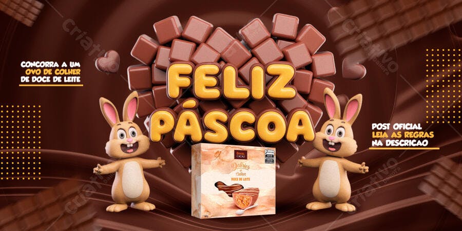 Banner Páscoa com coelhos e chocolates PSD Editável