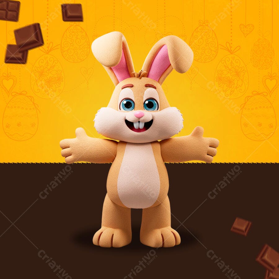Páscoa: Coelho 3D Amarelo e Marrom PSD Editável