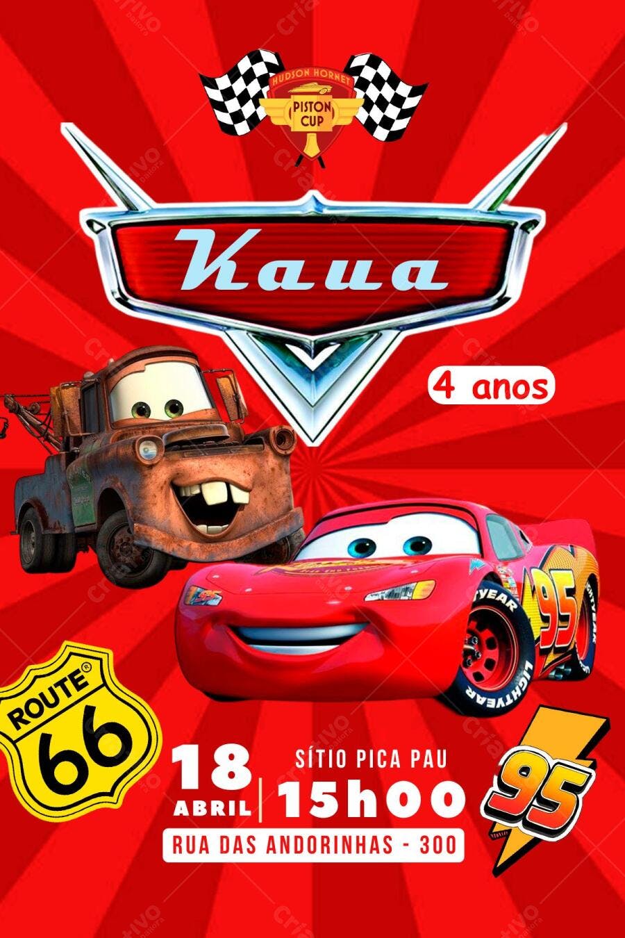 Convite de Aniversário Infantil Carros Vermelho e Amarelo Editável no Canva