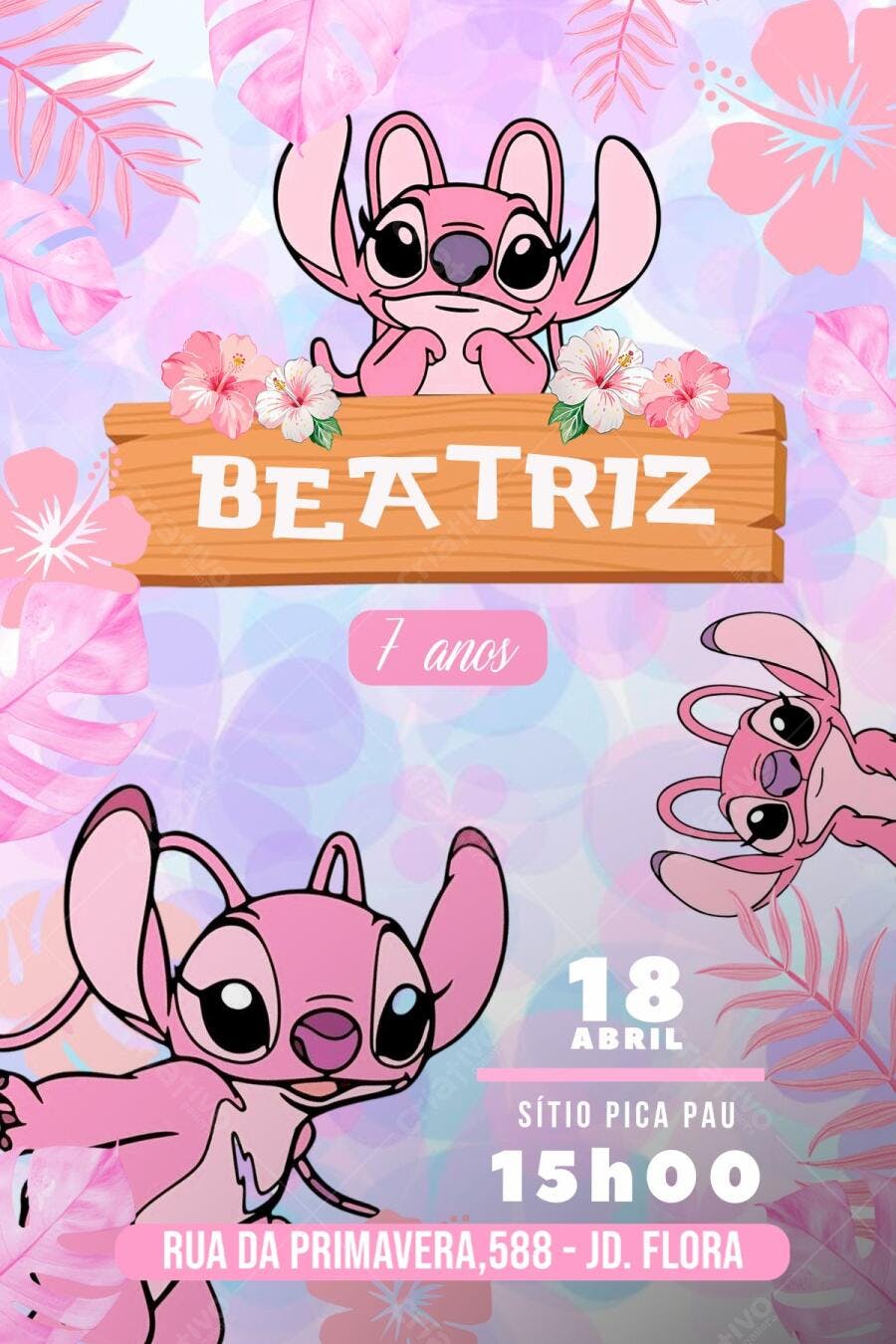 Convite de Aniversário Infantil Angel Stitch Rosa e Flores Editável no Canva