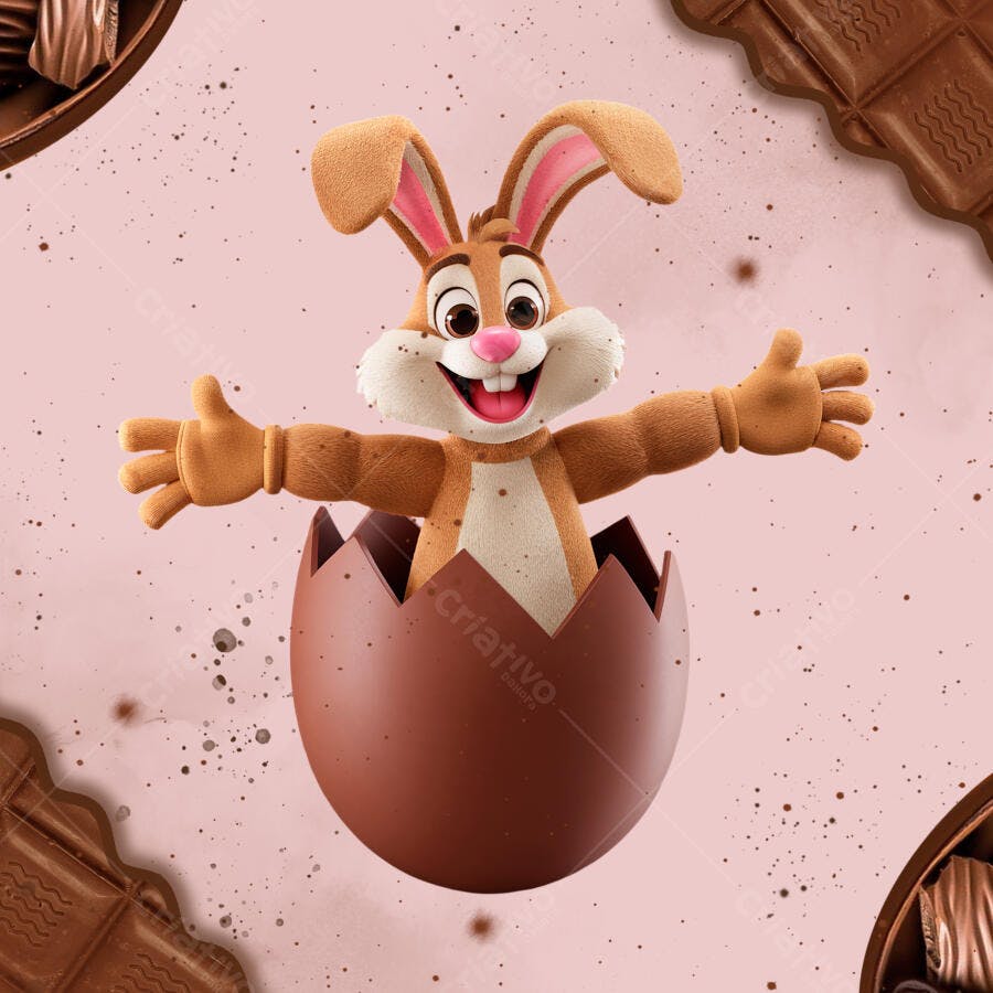 Arte Páscoa: Coelho em Ovo de Chocolate PSD Editável